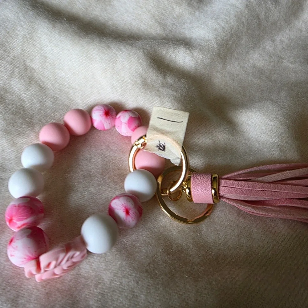 Pink Floral Silicone Bead Wristlet Keychain Monstera Leaf Tassel Gold Hardware